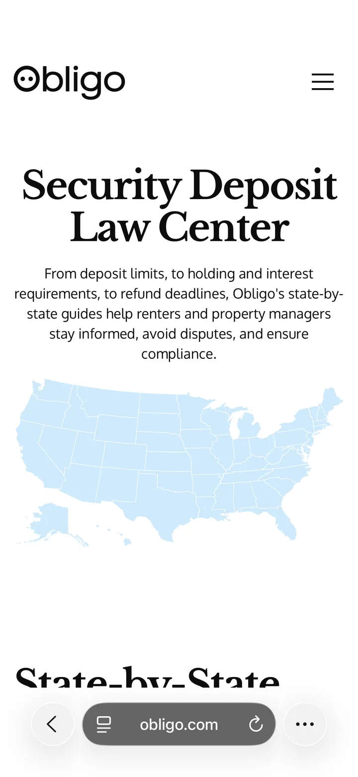 The Obligo Security Deposit Law Center on a phone, with its map of the states