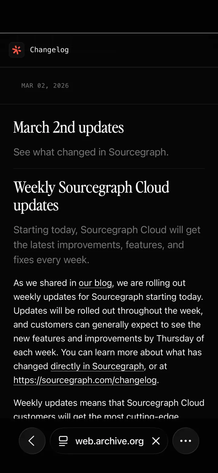 The Sourcegraph changelog on a phone
