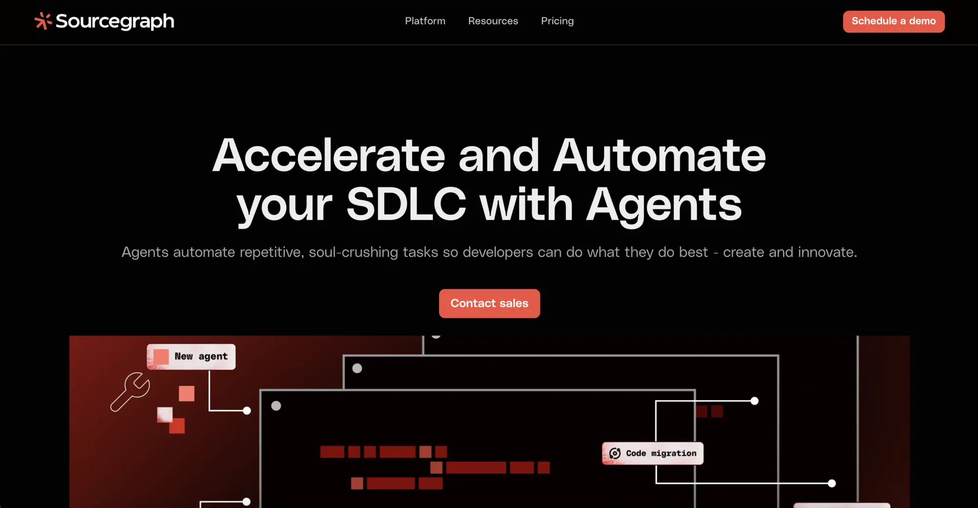 The Sourcegraph home page hero: Accelerate and automate your SDLC with agents