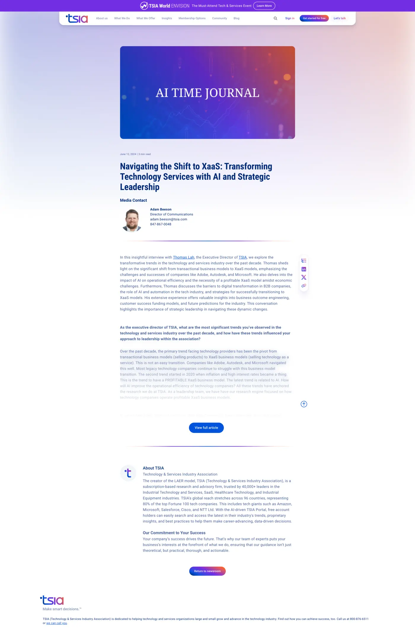A TSIA featured-in article page: Navigating the shift to XaaS